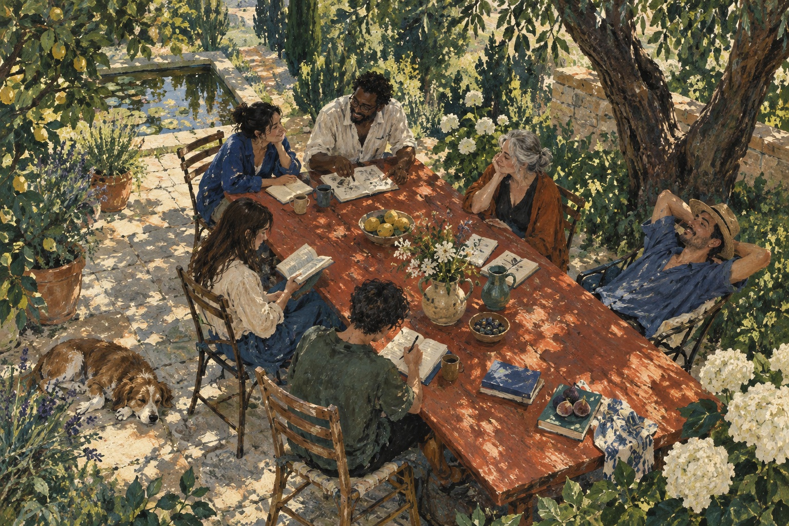 Painted illustration of people reading and sharing ideas around a garden table