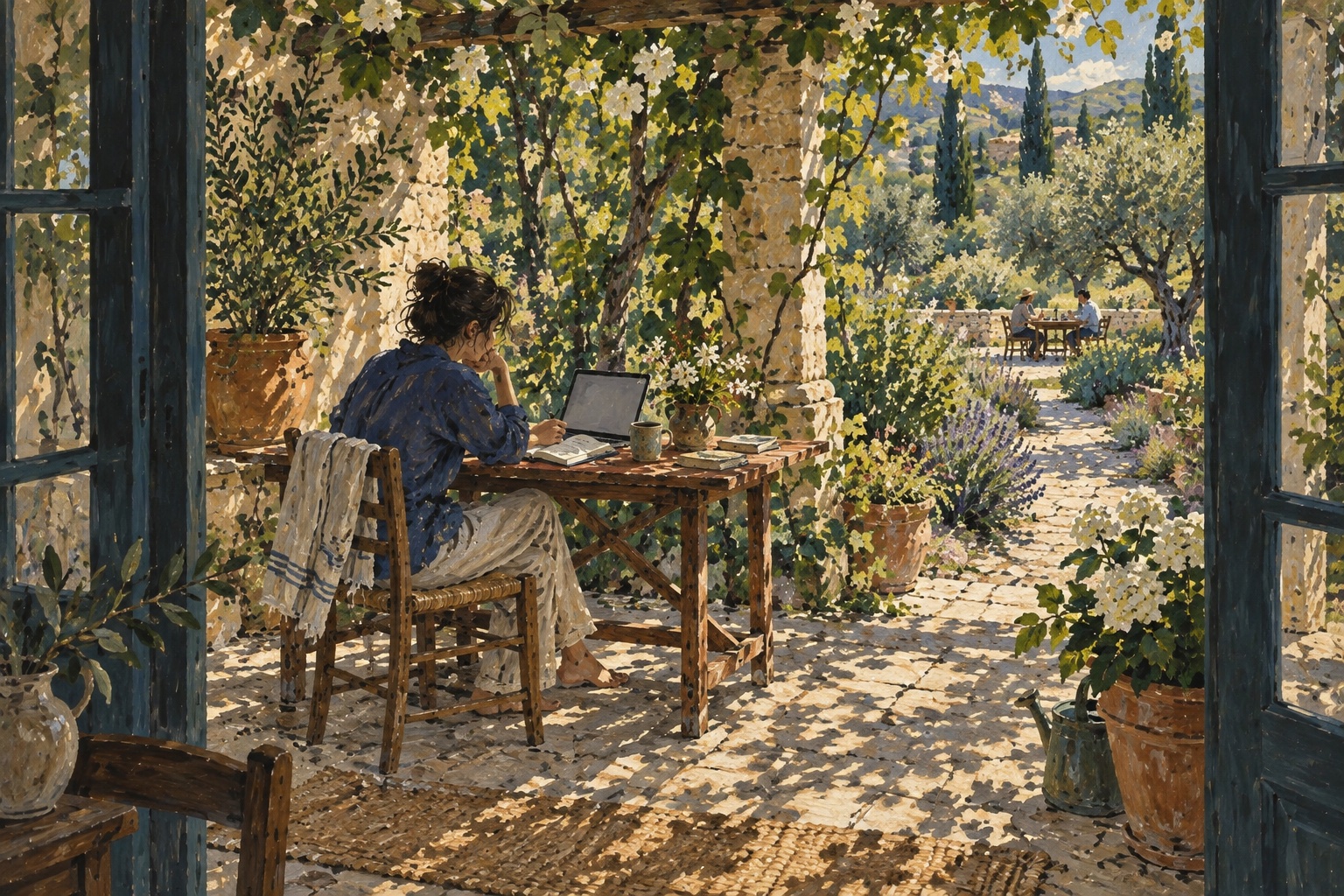 Painting of a person looking toward a shared garden from a veranda