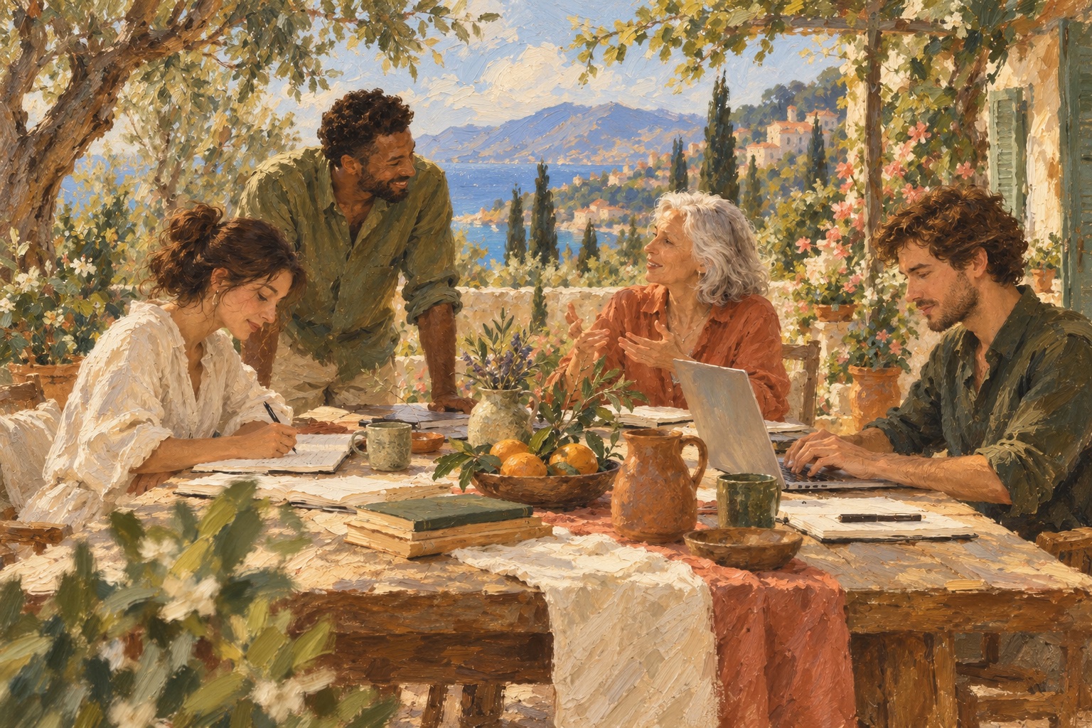 Painting of people learning and building together around a garden table