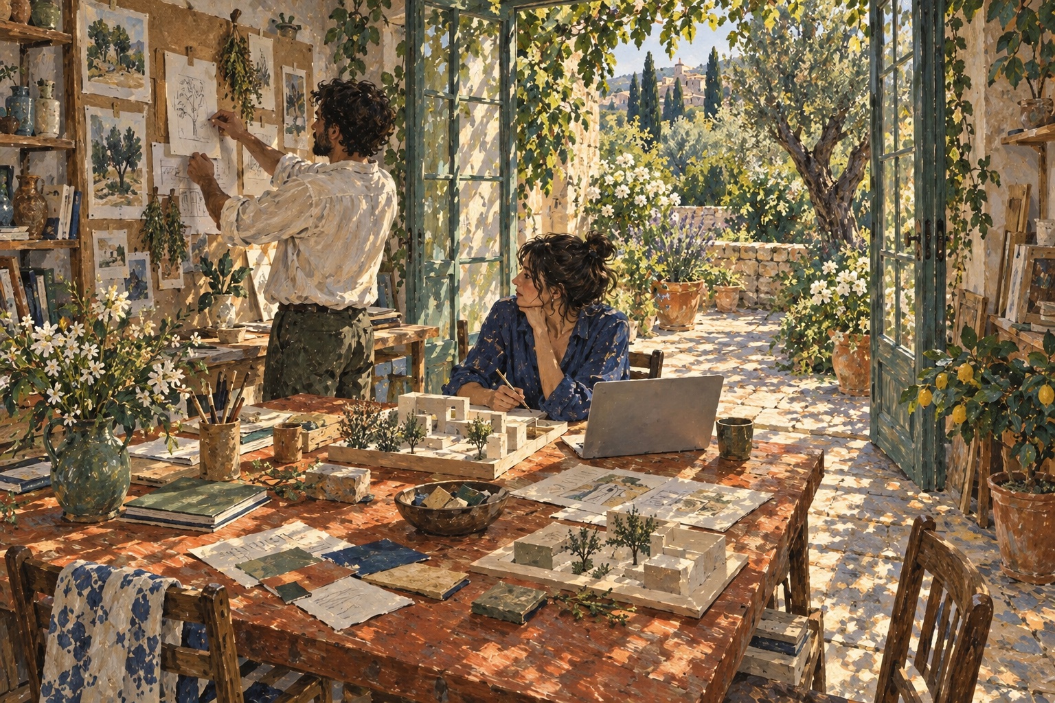 Painting of collaborators working on ideas around a studio table